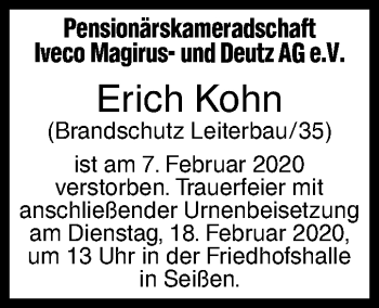 Traueranzeige von Erich Kohn von SÜDWEST PRESSE Ausgabe Ulm/Neu-Ulm