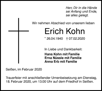 Traueranzeige von Erich Kohn von SÜDWEST PRESSE