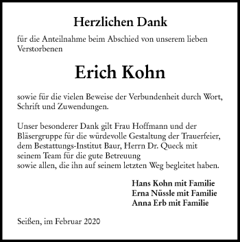 Traueranzeige von Erich Kohn von SÜDWEST PRESSE