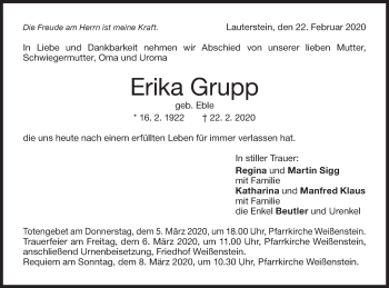 Traueranzeige von Erika Grupp von NWZ Neue Württembergische Zeitung