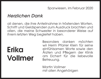 Traueranzeige von Erika Vollmer von NWZ Neue Württembergische Zeitung