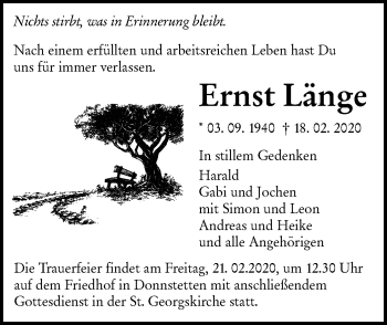 Traueranzeige von Ernst Länge von Alb-Bote/Metzinger-Uracher Volksblatt