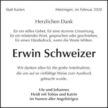 Traueranzeige von Erwin Schweizer von Metzinger-Uracher Volksblatt