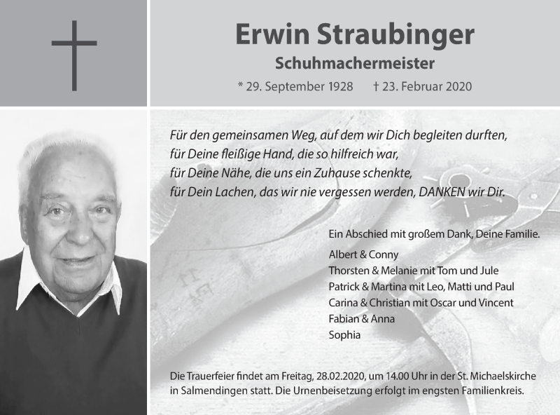  Traueranzeige für Erwin Straubinger vom 26.02.2020 aus Hohenzollerische Zeitung