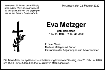 Traueranzeige von Eva Metzger von Metzinger-Uracher Volksblatt