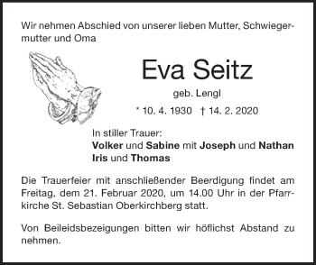 Traueranzeige von Eva Seitz von SÜDWEST PRESSE Ausgabe Ulm/Neu-Ulm