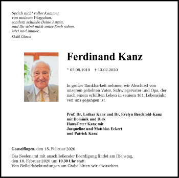 Traueranzeige von Ferdinand Kanz von Hohenzollerische Zeitung