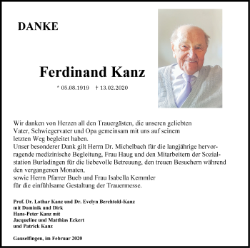 Traueranzeige von Ferdinand Kanz von Hohenzollerische Zeitung