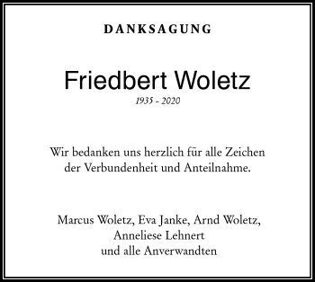 Traueranzeige von Friedbert Woletz von NWZ Neue Württembergische Zeitung