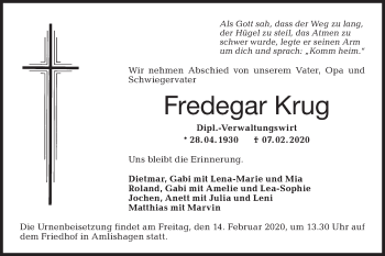 Traueranzeige von Friedegar Krug von Hohenloher Tagblatt