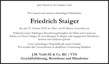 Traueranzeige von Friedrich Staiger von Hohenloher Tagblatt