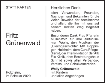 Traueranzeige von Fritz Grünenwald von NWZ Neue Württembergische Zeitung