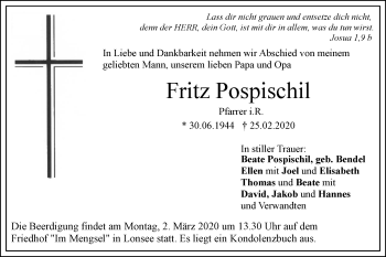 Traueranzeige von Fritz Pospischil von SÜDWEST PRESSE Ausgabe Ulm/Neu-Ulm