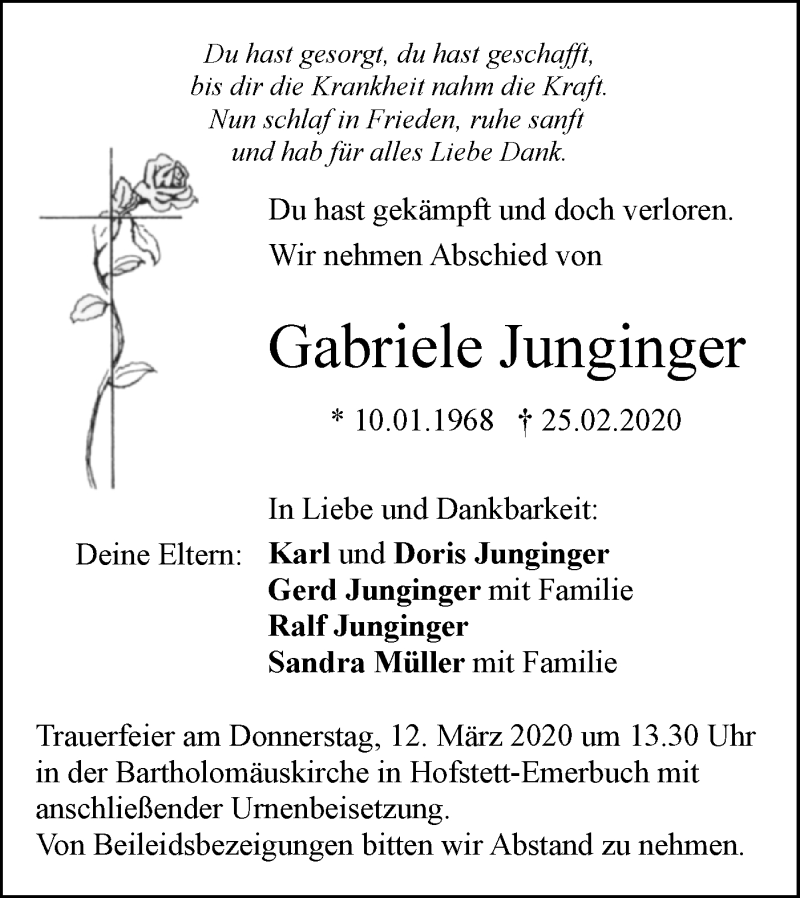  Traueranzeige für Gabriele Junginger vom 05.03.2020 aus Geislinger Zeitung