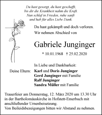 Traueranzeige von Gabriele Junginger von Geislinger Zeitung