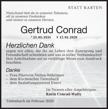 Traueranzeige von Gertrud Conrad von Hohenloher Tagblatt