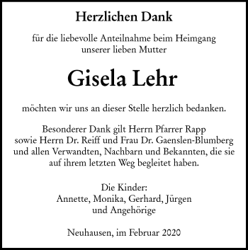 Traueranzeige von Gisela Lehr von Metzinger-Uracher Volksblatt