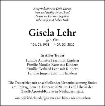 Traueranzeige von Gisela Lehr von Metzinger-Uracher Volksblatt