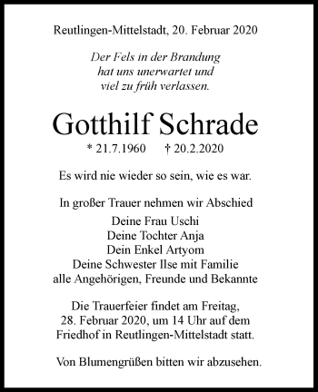 Traueranzeige von Gotthilf Schrade von Alb-Bote/Metzinger-Uracher Volksblatt