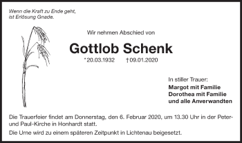 Traueranzeige von Gottlob Schenk von Hohenloher Tagblatt