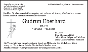 Traueranzeige von Gudrun Eberhard von Rundschau Gaildorf