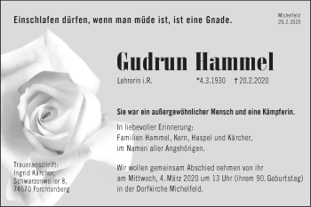 Traueranzeige von Gudrun Hammel von Haller Tagblatt