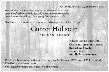 Traueranzeige von Günter Hollstein von Rundschau Gaildorf