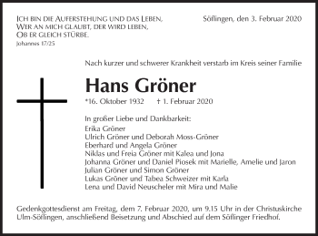 Traueranzeige von Hans Gröner von SÜDWEST PRESSE Ausgabe Ulm/Neu-Ulm