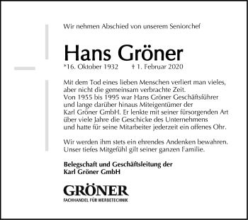 Traueranzeige von Hans Gröner von SÜDWEST PRESSE Ausgabe Ulm/Neu-Ulm