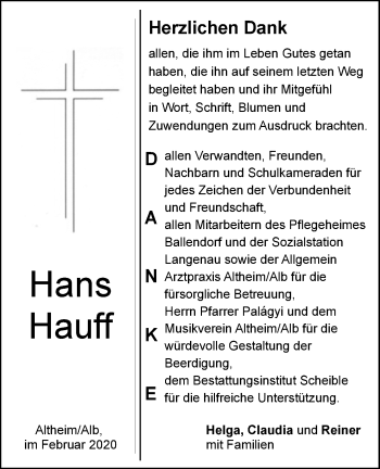 Traueranzeige von Hans Hauff von SÜDWEST PRESSE Ausgabe Ulm/Neu-Ulm