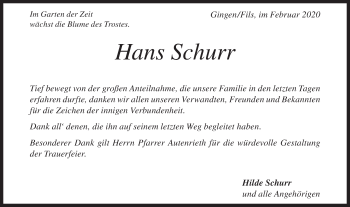 Traueranzeige von Hans Schurr von Geislinger Zeitung