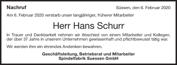 Traueranzeige von Hans Schurr von NWZ Neue Württembergische Zeitung