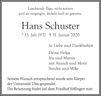 Traueranzeige von Hans Schuster von SÜDWEST PRESSE Ausgabe Ulm/Neu-Ulm