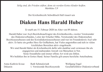 Traueranzeige von Hans Harald Huber von Haller Tagblatt