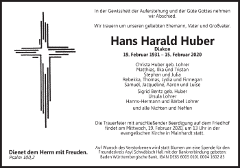 Traueranzeige von Hans Harald Huber von Haller Tagblatt