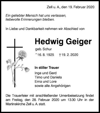 Traueranzeige von Hedwig Geiger von NWZ Neue Württembergische Zeitung