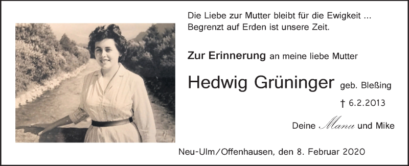  Traueranzeige für Hedwig Grüninger vom 08.02.2020 aus SÜDWEST PRESSE Ausgabe Ulm/Neu-Ulm