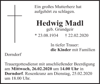 Traueranzeige von Hedwig Madl von Illertal Bote