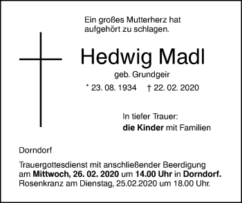 Traueranzeige von Hedwig Madl von Illertal Bote