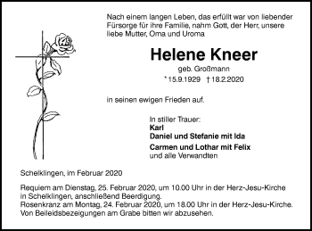 Traueranzeige von Helene Kneer von Ehinger Tagblatt