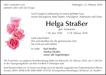 Traueranzeige von Helga Straßer von Metzinger-Uracher Volksblatt