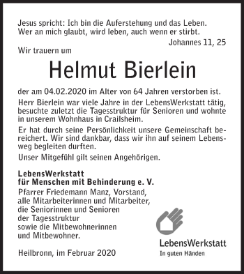 Traueranzeige von Helmut Bierlein von Hohenloher Tagblatt