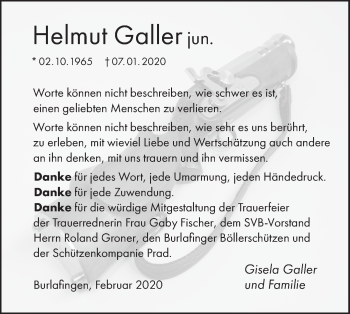 Traueranzeige von Helmut Galler von SÜDWEST PRESSE Ausgabe Ulm/Neu-Ulm