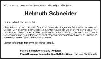 Traueranzeige von Helmuth Schneider von Haller Tagblatt