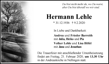 Traueranzeige von Hermann Lehle von Geislinger Zeitung