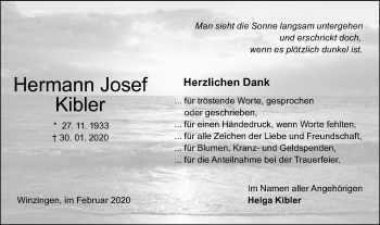 Traueranzeige von Hermann Josef Kibler von NWZ Neue Württembergische Zeitung