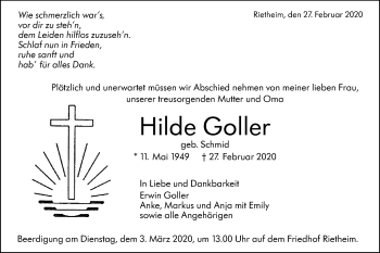 Traueranzeige von Hilde Goller von Alb-Bote/Metzinger-Uracher Volksblatt