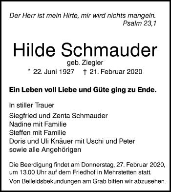 Traueranzeige von Hilde Schmauder von Metzinger-Uracher Volksblatt