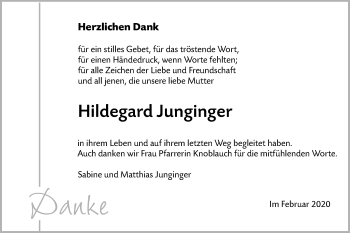 Traueranzeige von Hildegard Junginger von SÜDWEST PRESSE Ausgabe Ulm/Neu-Ulm