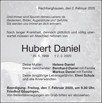 Traueranzeige von Hubert Daniel von NWZ Neue Württembergische Zeitung